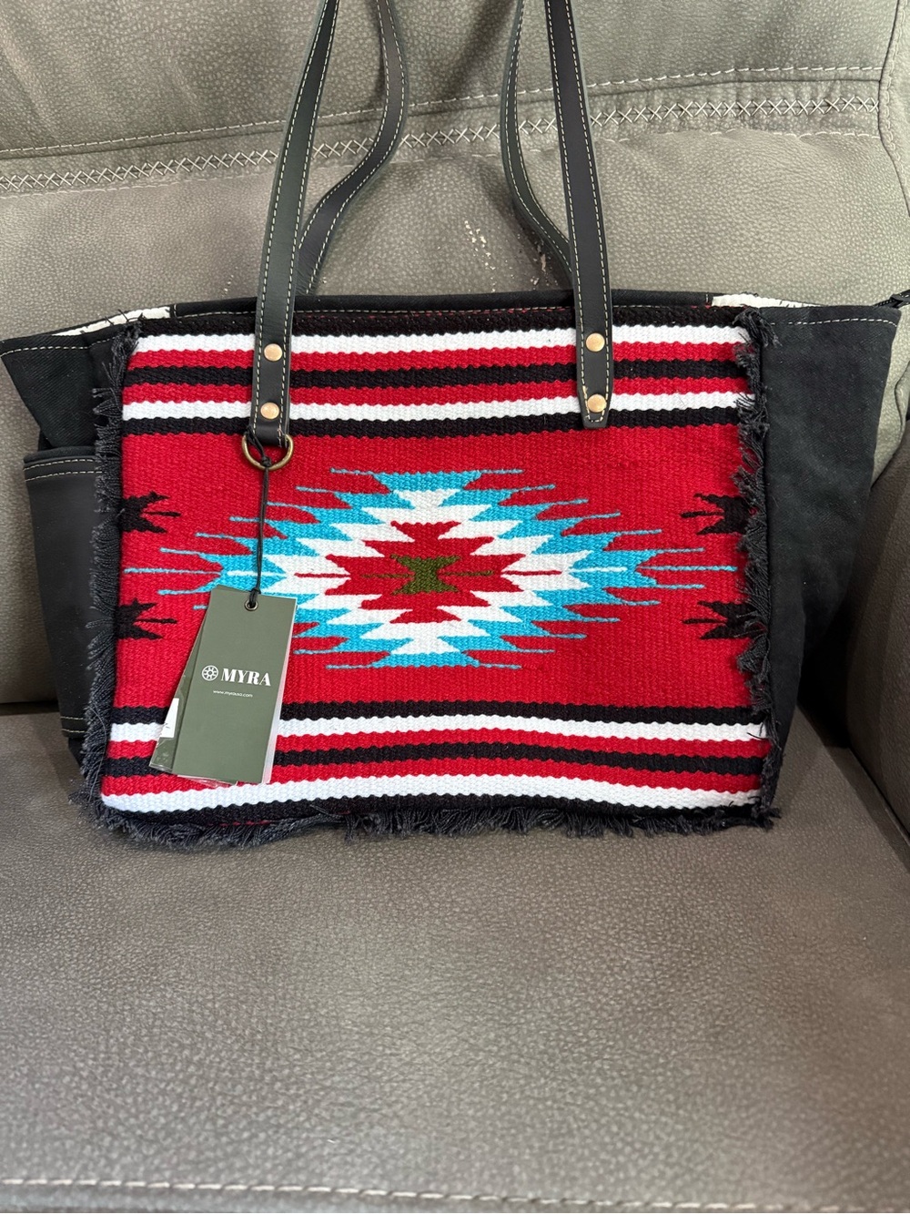 Myra Bag Red Southwestern Pattern Tote with Turquoise and Black Accents